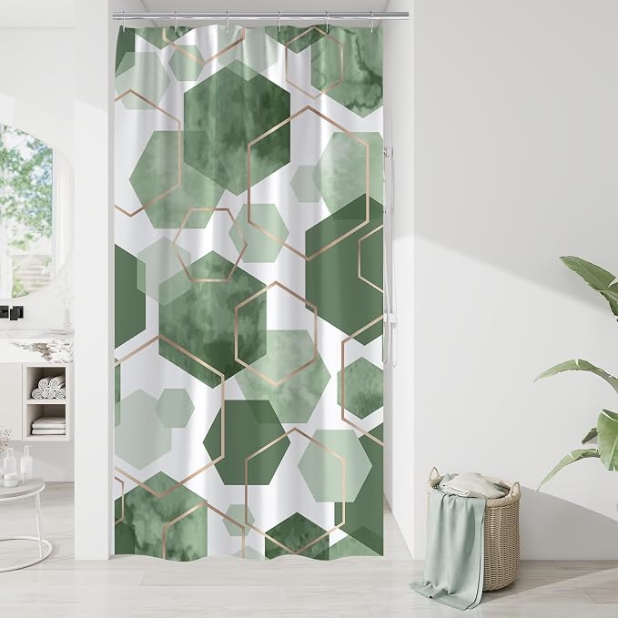 Litabel Small Stall Shower Curtain Set, Geometric Bathroom Decor 36x72 | Narrow Half Modern Minimalist Shower Curtais, Olive Green Geometric Art Print Abstract Waterproof Bath Curtain