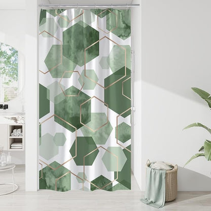 Litabel Small Stall Shower Curtain Set, Geometric Bathroom Decor 36x72 | Narrow Half Modern Minimalist Shower Curtais, Olive Green Geometric Art Print Abstract Waterproof Bath Curtain