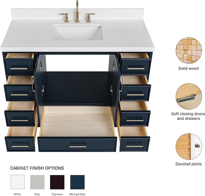 Langford 48-inch Midnight Blue Bathroom Vanity with Center Rectangle Single Sink, Carrara White Quartz Countertop & Backsplash, Solid Wood Frame, Soft-Closing & Dovetail Drawers
