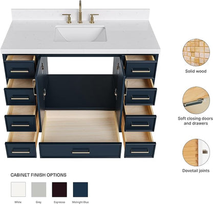 Langford 48-inch Midnight Blue Bathroom Vanity with Center Rectangle Single Sink, Carrara White Quartz Countertop & Backsplash, Solid Wood Frame, Soft-Closing & Dovetail Drawers