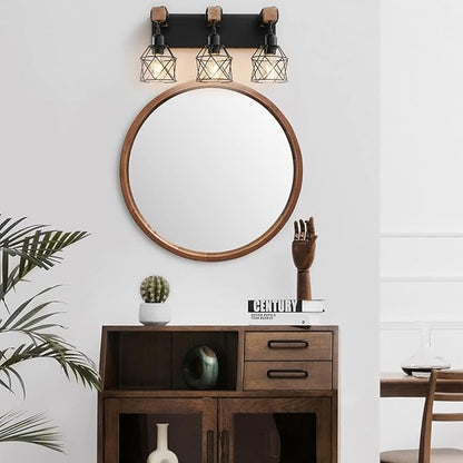 Farmhouse Vanity Light Fixture,3-Light Bathroom Lighting,Black Industrial Wood Wall Light Over Mirror with Metal Shade,Bulbs NOT Included
