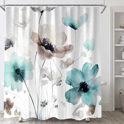 Sanzugh Boho Floral Shower Curtain, Cream Tan Beige Teal Grey White Flower Farmhouse Fabric Shower Curtains Set for Bathroom Decorative with Hooks 60 X 72 inch Spring Bath Decor