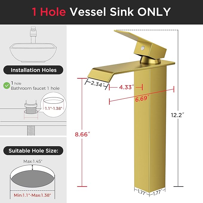 Forious Vessel Bathroom Sink Faucets 1 Hole Brushed Gold, Tall Waterfall Bathroom Faucet Single Handle with Pop Up Drain and Supply Lines for Bowel Sink, Deck Mount