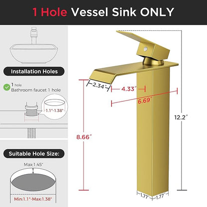 Forious Vessel Bathroom Sink Faucets 1 Hole Brushed Gold, Tall Waterfall Bathroom Faucet Single Handle with Pop Up Drain and Supply Lines for Bowel Sink, Deck Mount