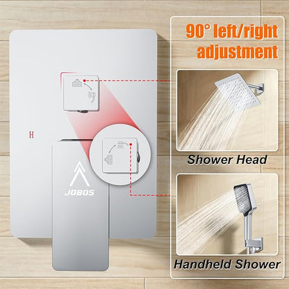 Shower System Modern Rain 8 inches Brass Faucet Set With Valve and Diverter Shower Mixer With Handheld High Pressure Square Rainfall Shower Valve (8'' Wall Mount, Chrome Polished)