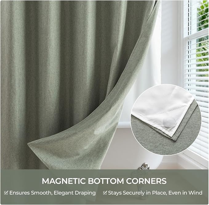 River Dream Linen Textured No Hooks Shower Curtain with Liner,Green,71x74 | with Snap-in Liner,Heavy Duty Fabric,Quick Dry,Bottom Magnets,Water-Repellent,Washable,Farmhouse Bathroom Set