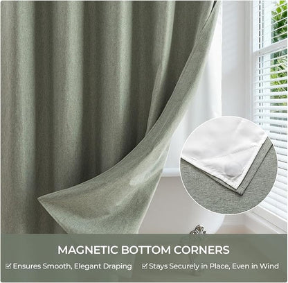 River Dream Linen Textured No Hooks Shower Curtain with Liner,Green,71x74 | with Snap-in Liner,Heavy Duty Fabric,Quick Dry,Bottom Magnets,Water-Repellent,Washable,Farmhouse Bathroom Set