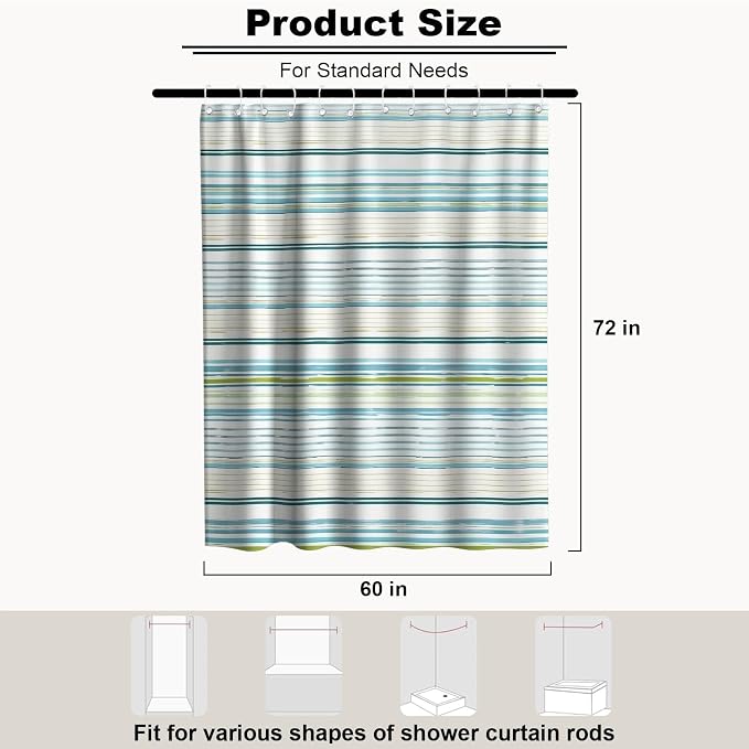 Modern Striped Luxury Shower Curtain Ocean Neutral Funky Unique Trendy | Art Shower Curtains for Bathroom, Waterproof Bath Curtain with Hooks Machine Washable Bathtub Curtains 60x72 Inch Blue