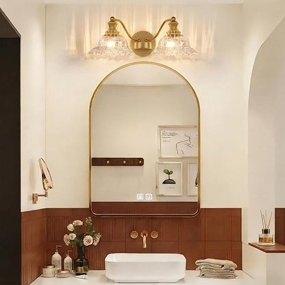 2 Lights Bathroom Vanity Light Fixtures, Vintage Brass Vanity Lights for Bathroom, Farmhouse Antique Light Fixtures Over Mirror with Crystal Glass Shade