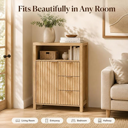 VINGLI Bathroom Storage Cabinet with 3 Drawers & Door, Slim Freestanding Floor Cabinet Organizer for Small Spaces, 30mm Thick-Look Top & Legs, Adjustable Shelf, Modern Fluted Cabinet, Natural Oak
