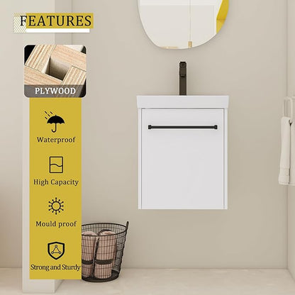 KEIKI 18'' Bathroom Vanity Cabinet with Sink, Wall Mounted Floating Bathroom Vanity with Soft-Close Cabinet Door, for Small Bathroom, Glossy White