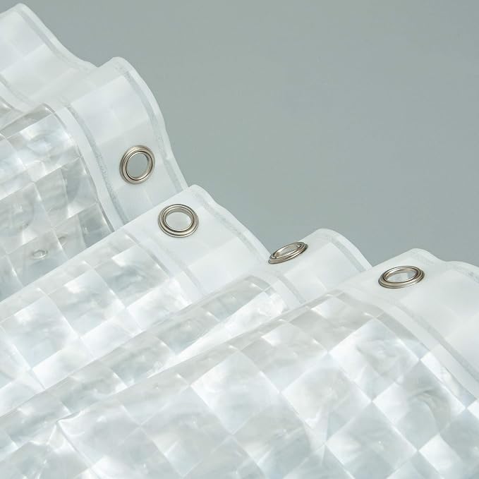 NTBAY EVA Shower Curtain Liner, 72 x 72, 6 Gauge, Clear Checkered | Water-repellent EVA Liner with 3 Bottom Magnets, 12 Reinforced Grommets, and 12 Plastic Hooks