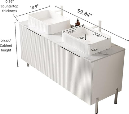 Ambrovina 60" Bathroom Vanity with Double Sink, Freestanding Bathroom Storage Cabinet with 4 Soft-Closing Doors, Rectangular Ceramic Basin and Carrara White Sintered Stone Countertop, White