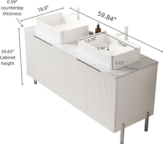 Ambrovina 60" Bathroom Vanity with Double Sink, Freestanding Bathroom Storage Cabinet with 4 Soft-Closing Doors, Rectangular Ceramic Basin and Carrara White Sintered Stone Countertop, White
