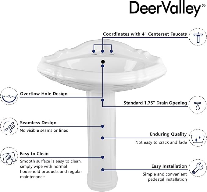 DeerValley White Triangle Corner Pedestal Sink with Overflow, Space-Saving Ceramic Bathroom Sink for Small Spaces and Corner Installation