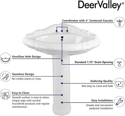 DeerValley White Triangle Corner Pedestal Sink with Overflow, Space-Saving Ceramic Bathroom Sink for Small Spaces and Corner Installation