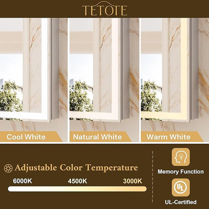 TETOTE 16 x 24 Lighted Bathroom Medicine Cabinet with Adjustable Shelves, Silver Aluminum Cabinet, Anti-Fog Stepless Dimmable 3 Colors White/Warm/Natural, Easy to Install(Wall Mount/Recessed)