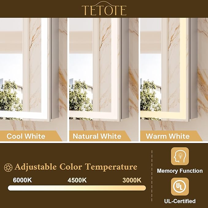 TETOTE 24 x 32 Medicine Cabinet with Lights, Adjustable Shelves, Silver Aluminum Cabinet, Anti-Fog Stepless Dimmable 3 Colors White/Warm/Natural, Easy to Install(Wall Mount/Recessed)