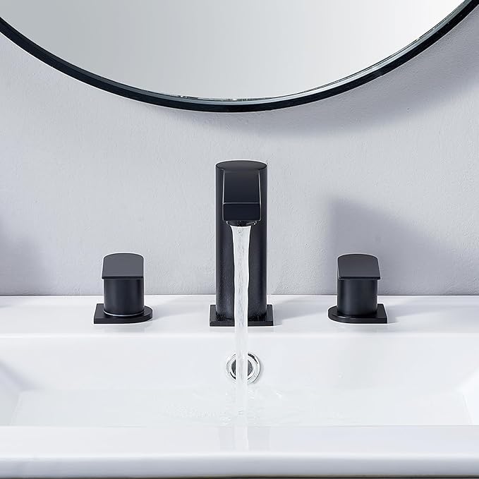Bathroom Faucet Black 3 Hole, Matte Black Widespread Bathroom Faucet, 2-Handle 8-Inch Center Mount Bathroom Sink Faucet with Hose and Pop-Up Drain for RV Bath Vanity Lavatory, VAL079BRH