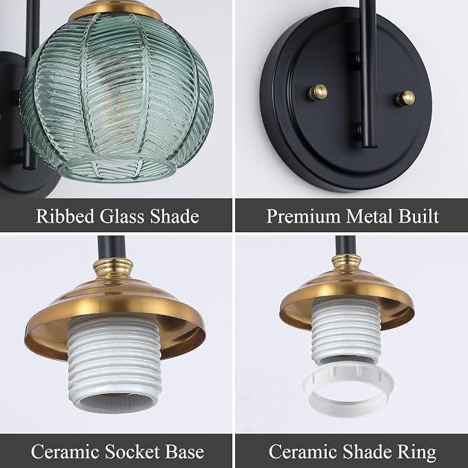 Mecgirn Bathroom Vanity Light Fixtures, 1-Light Green Glass Shade, Modern Black and Gold Wall Sconce, Unique Textured Leaf Pattern, Ceramic E26 Sockets Wall Mounted for Mirror, Cabinet, Hallway