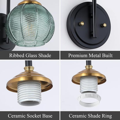 Mecgirn Bathroom Vanity Light Fixtures, 1-Light Green Glass Shade, Modern Black and Gold Wall Sconce, Unique Textured Leaf Pattern, Ceramic E26 Sockets Wall Mounted for Mirror, Cabinet, Hallway