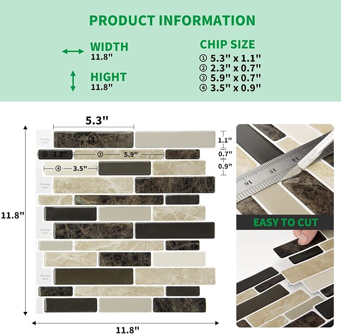 LONGKING 10-Sheet Brown Peel and Stick Backsplash Tile for Kitchen, Vinyl Stick on Tile Stickers for Wall, Kitchen, Bathroom, Counter Top | Peel and stick backsplash, vinyl PVC, Brown, waterproof, kitchen bathroom wall, 10-sheet, set B