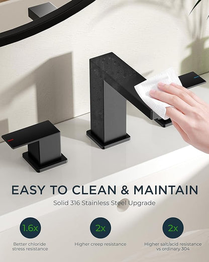 FORIOUS 2 Pack Black Bathroom Faucets 3 Hole, 2 Handle Matte Black Bathroom Sink Faucet 8 in Widespread Restroom Sink Tap with Metal Drain, Supply Hose and Spare Water Saving Aerator, Commercial