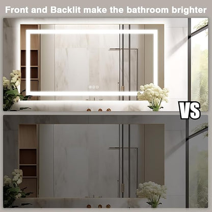 EchosLife 72"x40" Large LED Bathroom Mirror with Lights | Backlit + Front Lit, Anti-Fog, Stepless Dimmable, 3 Colors, Memory, Tempered Glass, UL Listed, Horizontal/Vertical