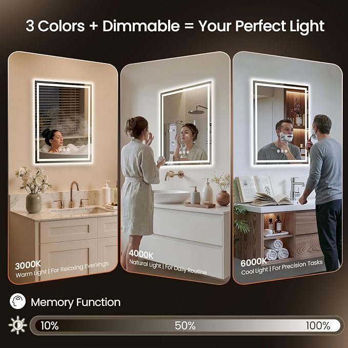 30x36 LED Bathroom Mirror with Anti-Fog, Backlit & Front Lights, Memory | Dimmable 3 Color CRI 95+ Shatterproof Tempered Glass ETL Listed for Safety Lighted Bathroom Vanity Mirror for Wall
