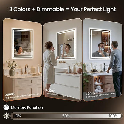 30x36 LED Bathroom Mirror with Anti-Fog, Backlit & Front Lights, Memory | Dimmable 3 Color CRI 95+ Shatterproof Tempered Glass ETL Listed for Safety Lighted Bathroom Vanity Mirror for Wall