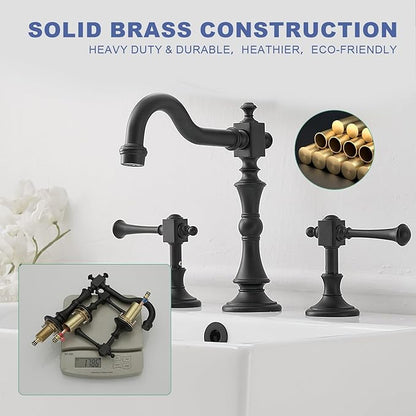 BWE Black Widespread Faucet for Bathroom Sink 3 Hole 8 Inch Widespread Bathroom Faucet with Pop-up Drain Assembly 2-Handle Vanity Faucet with Supply Lines Solid Brass Matte