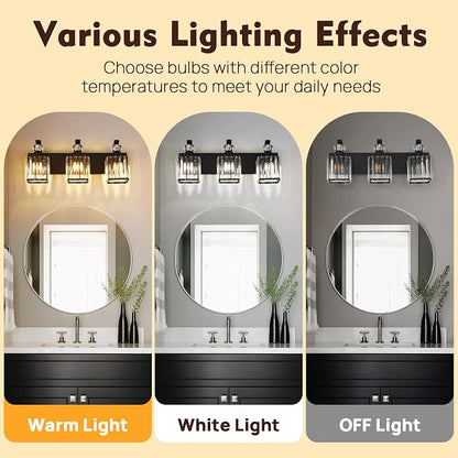 Modern Bathroom Vanity Light, 3-Light Black Bathroom Lighting Fixtures Over Mirror, 20.5" Crystal Wall Light Sconce for Bathroom/Bedroom/Vanity, Includes LED Bulbs, Easy Installation