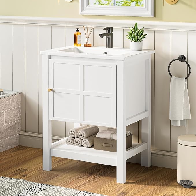 24 Inch Bathroom Vanity with Sink, Small Farmhouse Freestanding Bathroom Cabinet Combo Set, Soft Closing Door and Open Storage Shelf, White