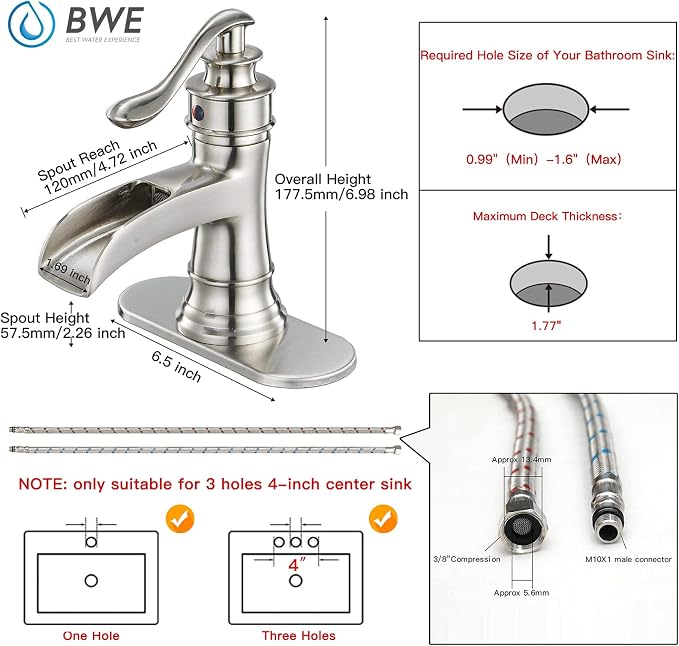 BWE Brass Brushed Nickel Waterfall Sink Faucet, Classic & Modern (No Drain) | Wide Waterfall Spout, Ceramic Cartridge, Fits 1 or 3-Hole Sink, Single Handle, Easy Install, Corrosion Resistance