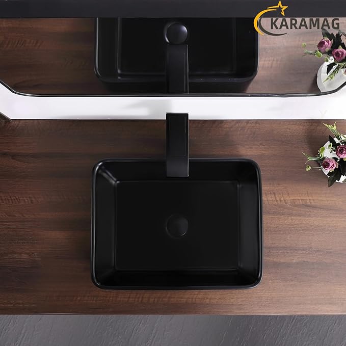 Black Vessel Sink,Rectangle 19"x15" Bathroom Sink Above Counter Porcelain Ceramic Small Sink Bowl Ceramic Vessel Sinks for Bathrooms