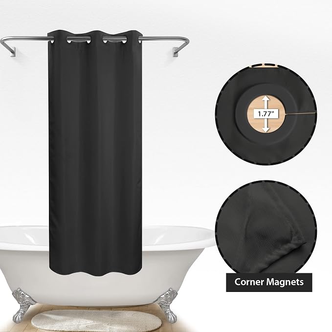 River Dream No Hook Stall Shower Curtain or Liner Microfiber Black, 36x74 | Waterproof Small Fabric Shower Curtain Set for Narrow Stall, Bottom Magnets, Soft & Machine Washable, 36W x 74H
