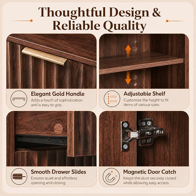 VINGLI Tall Bathroom Storage Cabinet, 66.9" Freestanding Narrow Linen Cabinet with Arched Open Shelves, Drawer & Door, Slim Skinny Wood Cabinet for Bathroom, Living Room, Entryway, Dark Walnut