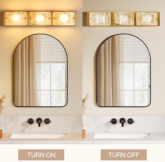 Tribesigns 3-Light Vanity Fixtures, Curved Cloud Glass Lampshades Gold Copper Plate, Modern Bathroom Wall Lighting Fixtures Over Mirror, 3CCT LED Vanity Lights (22-Inch, 3000K/4000K/5000K, Dimmable)