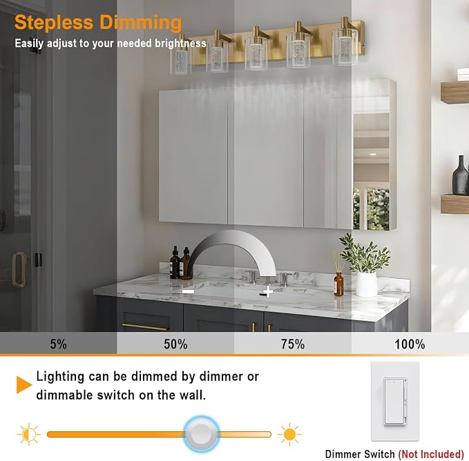 SineRise Vanity Light with 3 Color Modes (3000K/4000K/6000K), Eye Protection LED Bathroom Light Fixture, Dimmable Modern Wall Light Over Mirror with Clear Glass Shade (Gold, 5-Light)