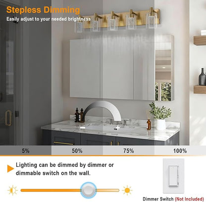 SineRise Vanity Light with 3 Color Modes (3000K/4000K/6000K), Eye Protection LED Bathroom Light Fixture, Dimmable Modern Wall Light Over Mirror with Clear Glass Shade (Gold, 5-Light)
