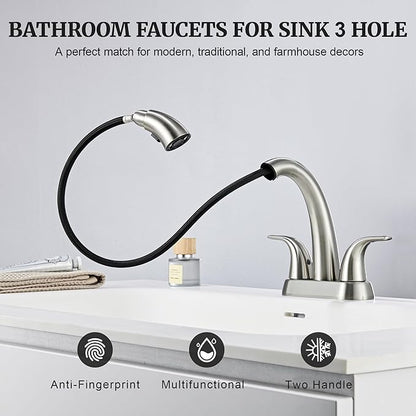 Ultimate Unicorn Brushed Nickel Bathroom Sink Faucet - 4 Inch Centerset Pull Down Vanity Faucets 3 Hole with Pop Up Drain - Two Handle Modern Washbasin Tap Set with Pull Out Sprayer for Rv Restroom