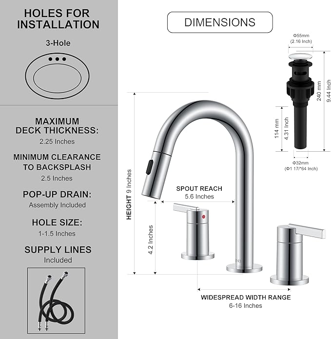 KENES Chrome Pull Down Bathroom Faucet, 8 Inch 2 Handle Widespread Bathroom Faucet 3 Hole with Pull Out Sprayer, Bathroom Sink Faucet with Pop Up Drain & Supply Lines LJ-9068-5