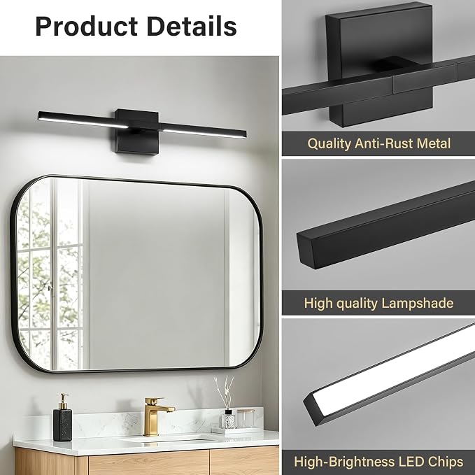 Black Bathroom Vanity Light, 24 Inch LED Light Bar Over Mirror | Modern Bathroom Light Fixture Over Mirror for Vanity, 360° Rotatable Dimmable LED Wall Mounted Lighting, ETL Certified