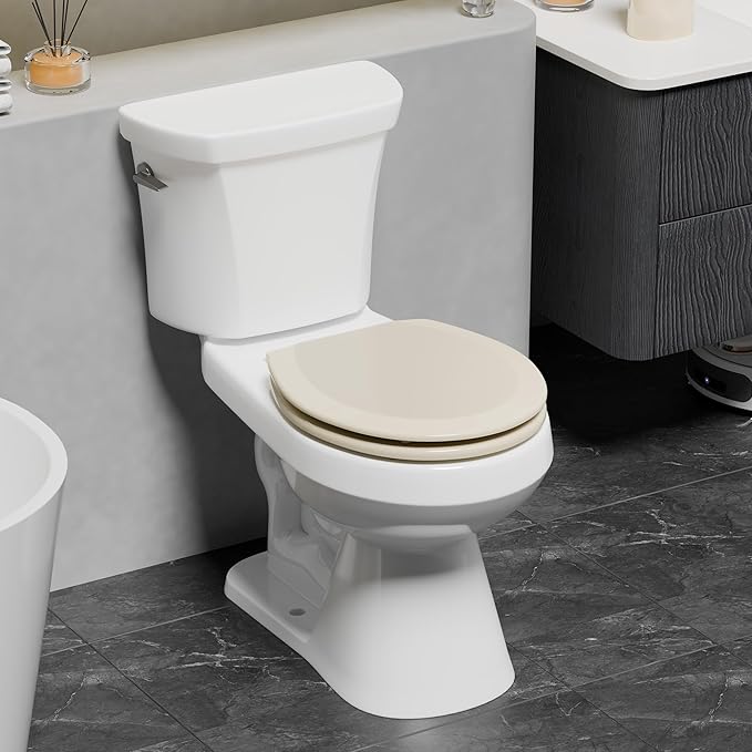 Angol Shiold Quiet-Close Molded Wood Toilet Seat with Non-Slip Adjustable Hinges, Anti-Pinch Bumpers, Easy Install & Clean（Biscuit, Round 16.5''）