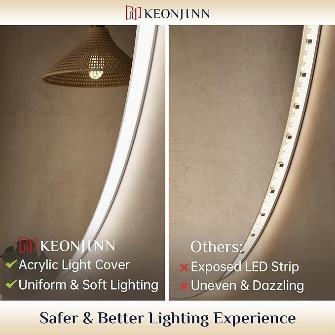 Keonjinn 22 x 30 Inch Oval LED Mirror, Frameless Backlit mirror bathroom with HD Tempered Glass, UL-Listed LED Driver, Anti-Fog, Dimmable, Memory Function, French Cleat Installation, Plug in/Hardwired