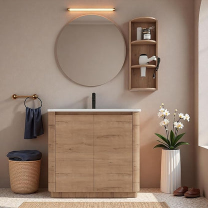 36" Bathroom Vanity with Ceramic Sink, Freestanding Bathroom Vanity with 2-Soft-Close Door, Semicircle Storage Rack & Inside Adjustable Shelves for Home, Farmhouse Floor Mount Vanity, Oak