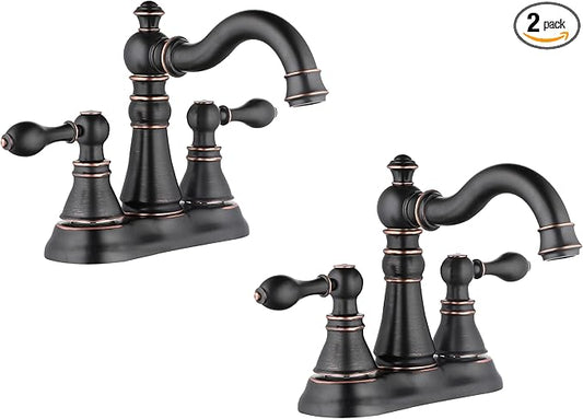 Two Handle Bathroom Faucet Oil Rubbed Bronze Bathroom Lavatory Sink Faucet 3 Hole with Pop up Drain Assembly, Classic 4 Inch Centerset with 360° Swivel Spout,2 Pack,F-0048-ORB