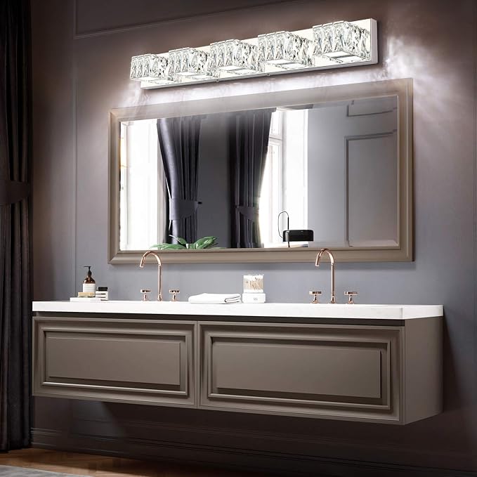Modern Vanity Lights for Bathroom - Crystal 5 Light Bathroom Vanity Lights - Chrome LED Bath Lighting Fixtures