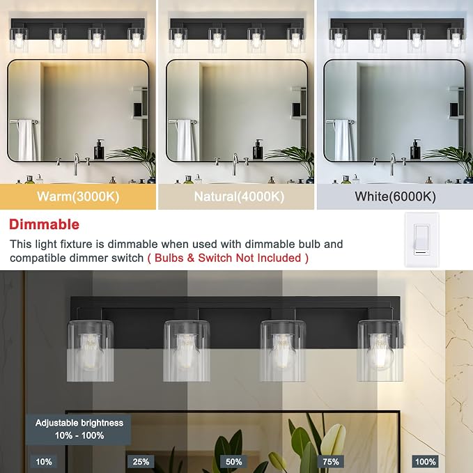 4-Light Matte Black Bathroom Light Fixtures, with Clear Glass Shade | 29.5 Inch Bathroom Lighting Fixtures Over Mirror, Modern Wall Light, bathroom vanity light E26 Socket, ETL