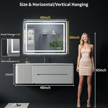 40"x30" LED Bathroom Mirror with Lights, Backlit+Frontlit, Anti-Fog | CRI 95, Stepless Dimmable, 3 Colors Lighting, Shatterproof Tempered Glass, HD Reflection, Memory, (Horizontal/Vertical)